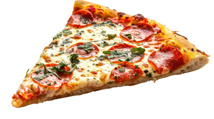 Delicious pepperoni pizza slice with melted mozzarella and basil on transparent background