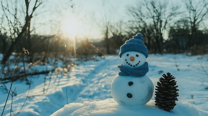 Obraz premium Winter snowman sunset landscape postcard