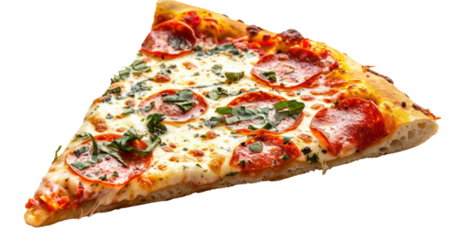 Delicious pepperoni pizza slice with melted mozzarella and basil on transparent background