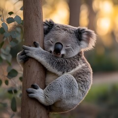 Obraz premium Sleepy Koala hugging tree, sunset forest, wildlife postcard