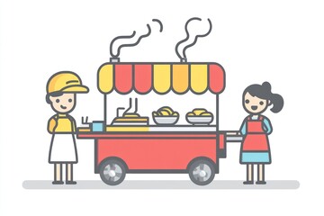 Food Cart Illustration Featuring Two Vendors Serving Fresh Meals with Steam Rising from Hot Dis