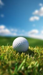 Fototapeta premium Realistic photo of a golf ball on green grass near hole and flag under a clear blue sky