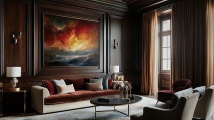 Fototapeta premium Designing a luxurious living room home interior design elegant environment wide angle dark wood paneling concept