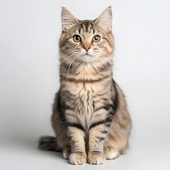 Fototapeta premium Studio cat portrait, tabby kitten, sitting, grey background, pet adoption