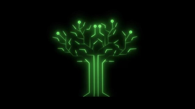 Green tree icon animation background. Abstract glowing neon light tree sign animated background 4k video