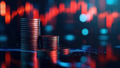 Stacks of Coins Rise Against Dynamic Market Data, Showing Financial Growth and Investment Potential.