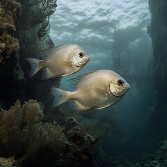 Naklejka premium Two fish swimming near reef, underwater, sunlight, ocean
