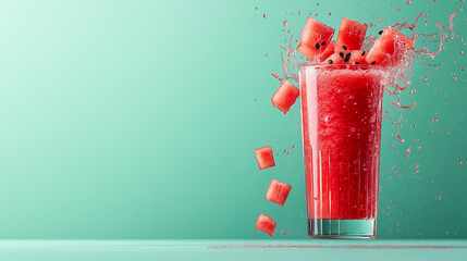 Refreshing watermelon smoothie splashes in a tall glass against a vibrant background