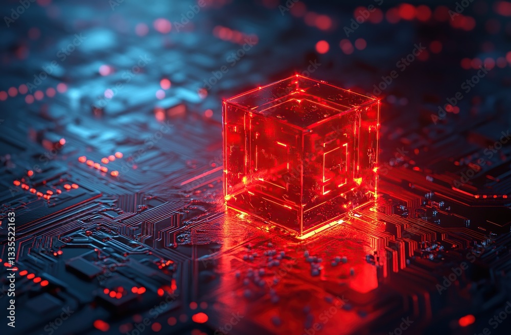 Poster glowing red cube on circuit board: advanced technology & futuristic data processing system, illumina