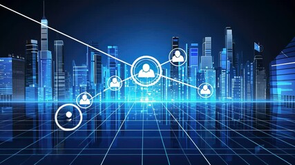 Futuristic cityscape with digital connections. Interconnected digital profiles overlay a modern city skyline, reflected on a gridded surface. Networked, digital communication, and data flow depicted - Powered by Adobe