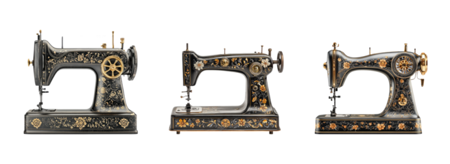 Vintage decorative sewing machines with intricate designs and details