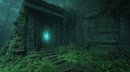 Luminous Portal in Overgrown Stone Ruins