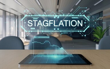 Economic Downturn: Hologram projected on a tablet in an office setting displaying "Stagflation," symbolizing the economic concept of high inflation with slow economic growth. 