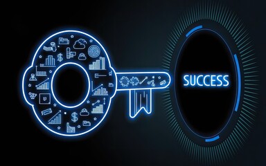 Key to Success: A vibrant, neon-lit key unlocks the path to success, featuring an intricate design filled with business icons and a glowing portal.