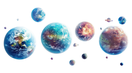 Colorful planets and moons floating in space with transparent background