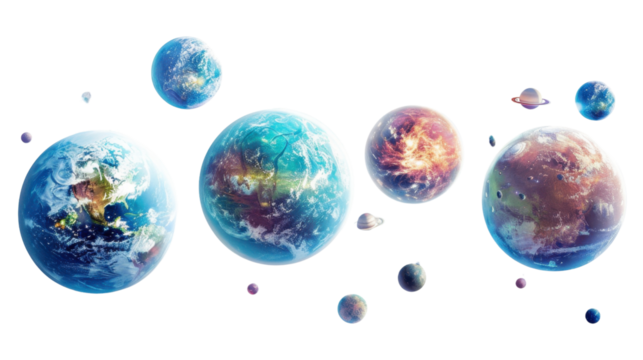 Colorful planets and moons floating in space with transparent background - Powered by Adobe