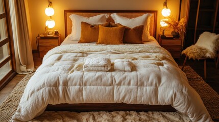 Chic urban hotel bed setup with warm tones, plush bedding, and refined decor.