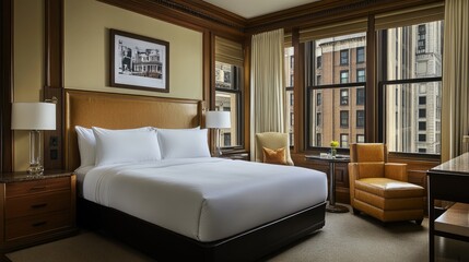 Chic urban hotel bed setup with warm tones, plush bedding, and refined decor.