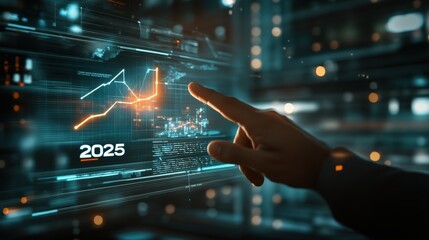 Digital interface displaying analytics and forecasts for 2025 with a hand interacting with data visualizations