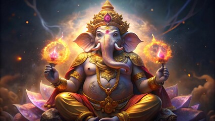 Majestic Representation of Lord Ganesha Seated on a Lotus Flower with Golden Crown and Elaborate Jewelry Against a Mystical Ethereal Background