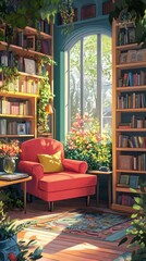 An inviting indoor reading nook with books and lovely sunlight