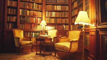 Cozy hotel library corner with a collection of books, comfortable seating, and warm lighting.