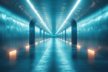Futuristic metallic tunnel with glowing blue lights