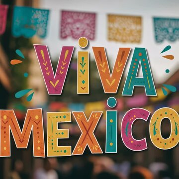 Colorful Viva Mexico text on festive background. Cinco de Mayo celebration. Mexican holiday decorations for party or fiesta invitation design