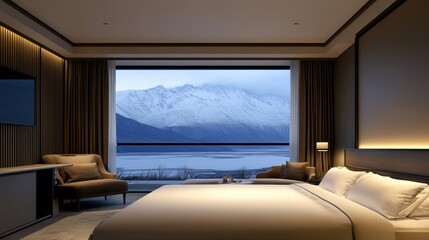 Cozy hotel room with a large window showcasing a serene mountain landscape.
