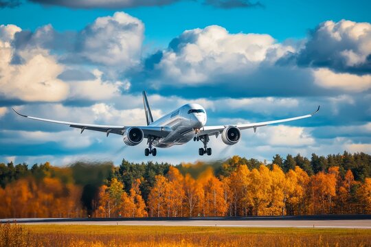 Airbus a350 9x taking off with blue sky and clouds, white body and black tail in foreground forest