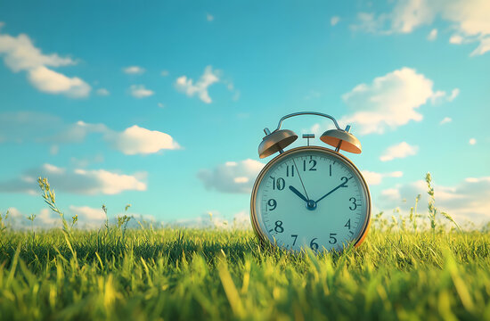 Alarm clock in green grass against bright blue sky with clouds. Time management abstract concept. Daylight saving time reminder. Spring forward. Clock on lawn. Summer season.