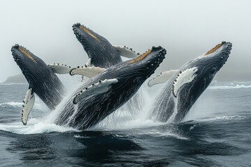 Fototapeta premium Humpback whales breaching in foggy ocean near island