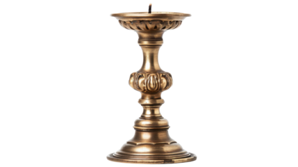 Ornate brass candlestick holding a single candle on transparent background