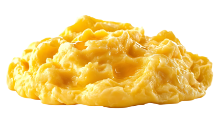 Scrambled egg with yolk in isolated yellow omelette, symbolizing a healthy, tasty breakfast meal, ideal for food photography or healthy eating promotions. Isolated on transparent background.