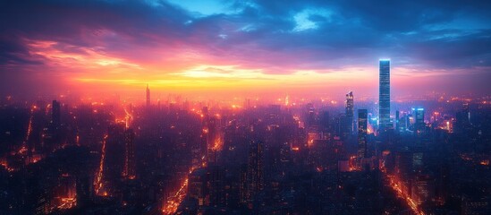 Fototapeta premium Cityscape at sunset with vibrant sky and illuminated skyline