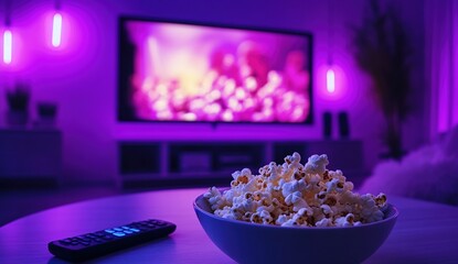 Enjoy Movie Night:  Popcorn, Remote, and a Relaxing Atmosphere at Home Under Purple Lighting