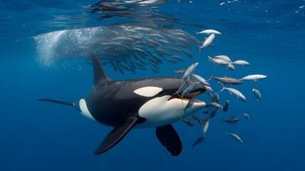 Fototapeta premium Orca Hunting Among School of Fish in Clear Blue Ocean