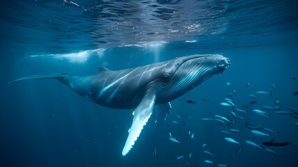 Fototapeta premium Humpback Whale Swimming Beneath the Sunlit Surface in a School of Fish