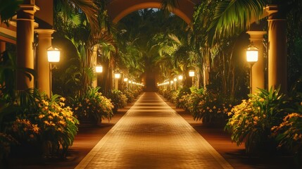 Exclusive beach resort entrance pathway with lush greenery, soft lighting, and tropical flowers.