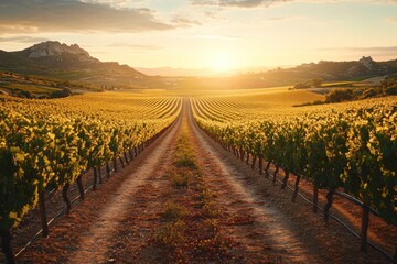 Fototapeta premium Sunrise vineyard rows, golden landscape, path, mountains. Possible use travel, wine, agriculture
