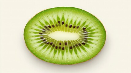 Halved Kiwi Fruit on Off-White Background: Close-Up View of Green Flesh and Black Seeds