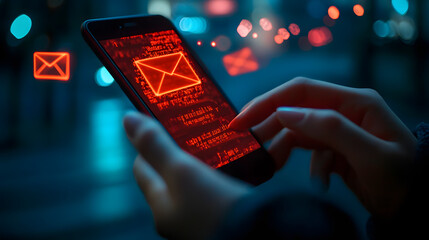 SMS spam, fake text message phishing from scammer concept, System hacked red warning alert, email hack, scam malware spreading virus on message alert virtual on mobile phone screen in person hand