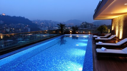 Exclusive hotel rooftop pool with stylish sunbeds, ambient lighting, and panoramic city views.