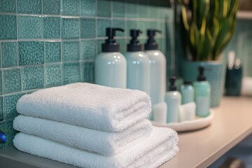 Stylish green eco friendly bathroom essentials  personal care products and towels in white and blue