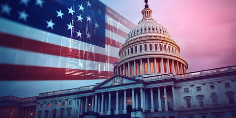 us capitol building with american flag and financial chart overlay - symbol of american democracy, economy, and power.