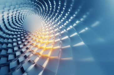 Obraz premium Futuristic Abstract Geometric Pattern with Dynamic Light Reflections and Blue Toned Perspective Background in 3D Rendering