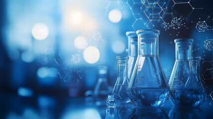 A chemistry-themed background featuring molecular structures, chemical equations, and lab equipment silhouettes. Scientific theme. For presentations on chemistry or pharmaceuticals.