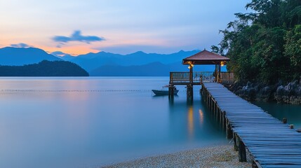 Naklejka premium Exotic beach resort wooden pier stretching into turquoise waters with a scenic ocean sunset.