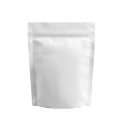 Blank white stand-up pouch with ziplock closure, isolated on a white background, perfect for food packaging, product branding, and storage solutions