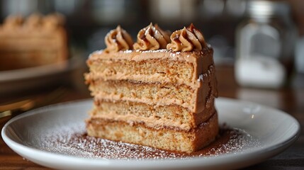 Delicious layered cake slice, on plate, cafe setting, sprinkled sugar